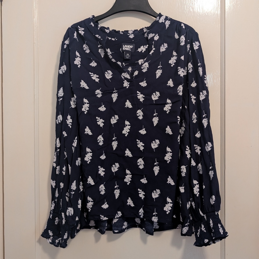 Lands' End Navy Blue Floral Blouse